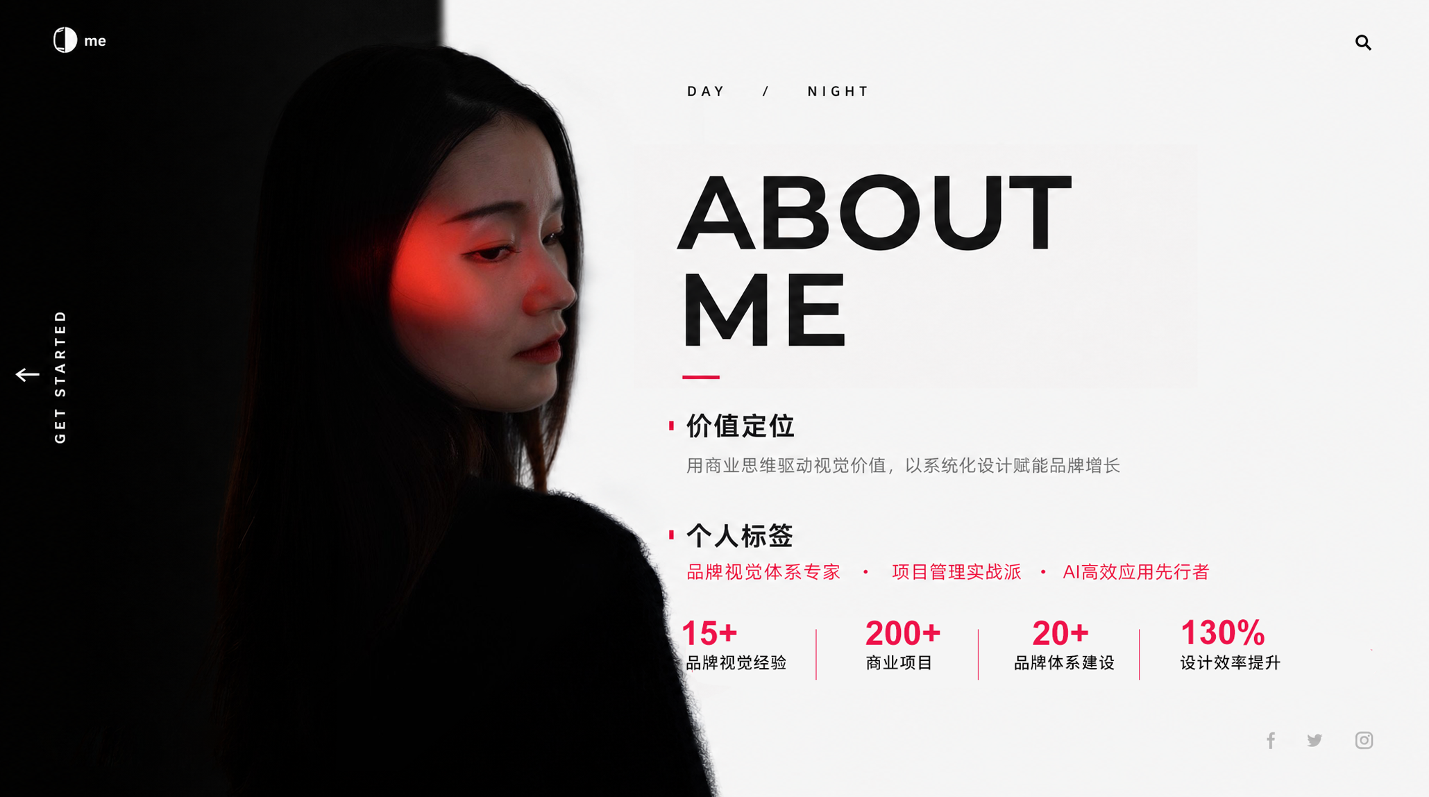个人简介与核心标签页面，展示 ABOUT ME、价值定位、个人标签和核心数据